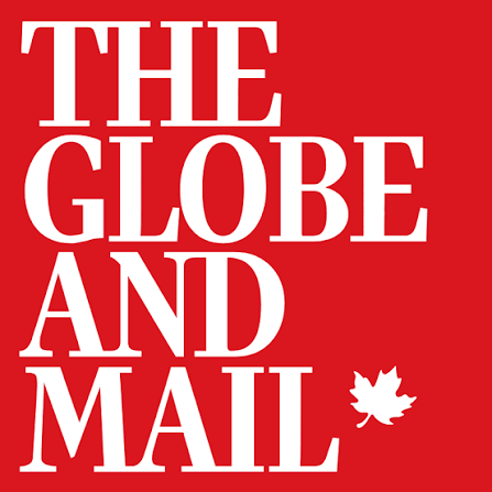 Logo of The Globe and Mail, featuring bold white text on a red background and a stylized maple leaf, representing a prominent Canadian news source.