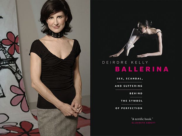 A woman in a black top and gray skirt stands beside a book cover titled "Ballerina" by Deirdre Kelly, featuring a dancer in pointe shoes. The scene is elegant and professional.